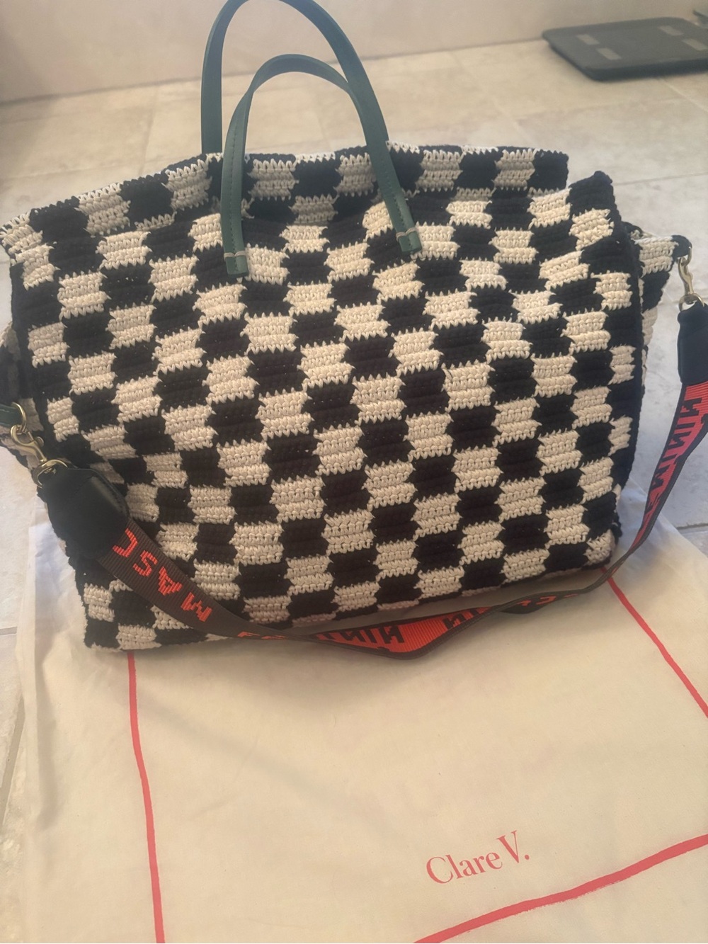 Clare V summer Simple Tote - Black & Cream Crochet Checker Tote - Picture 14 of 15